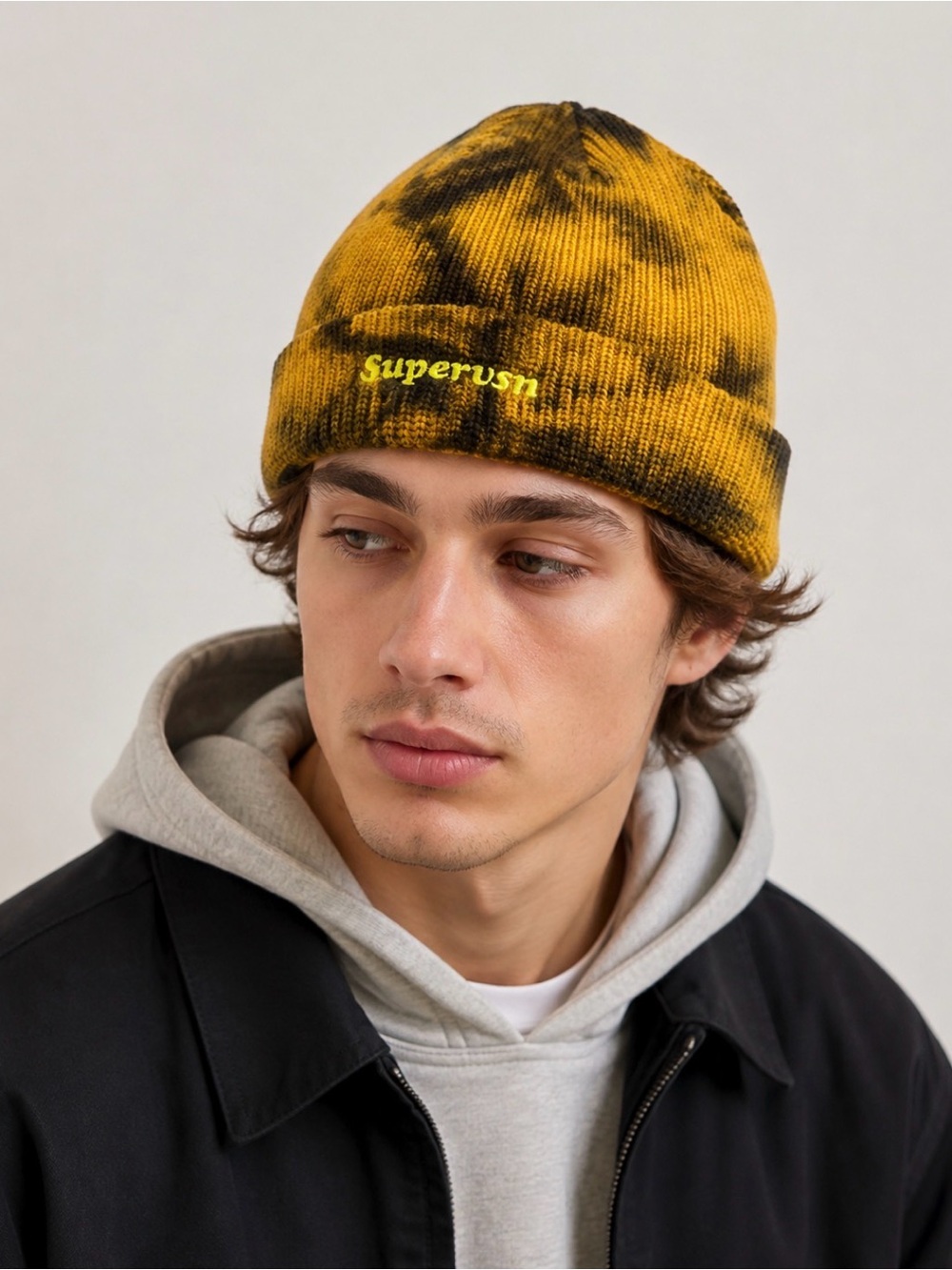 Supervsn Tie Dye Knit Beanie Mustard Olive NWT Packaging